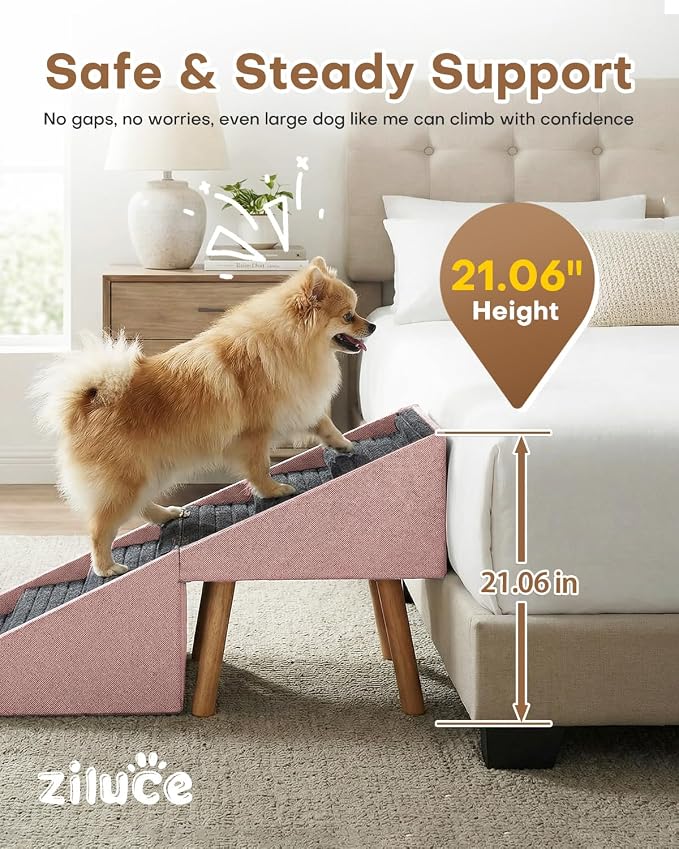 Dog Ramp for Bed & Couch, Foldable Dog Stairs 21.06" inches High | Split Ottoman No-Slip Surface Dog Ramp, 2 in 1 Wooden Pet Steps for Puppy and Large/Medium/Small Dogs,Pink
