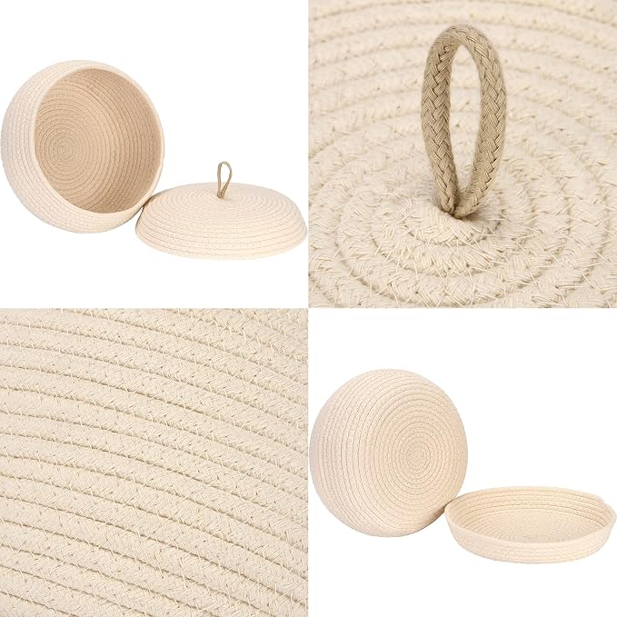 Sea Team Round Woven Cotton Rope Storage Basket with Lid, Cream | Lidded Knitted Decorative Storage Bin, Pot, Caddy, Organizer, Container for Snacks, Towels, Plants, 13 x 5.5 Inches