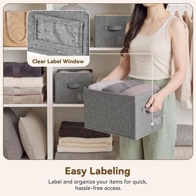 GRANNY SAYS Closet Storage Bins with Label, Dark Gray, Medium, 3-Pack | Storage Basket for Shelves, Closet Clothes Bins with H, Fabric Storage Bins, Clothes Storage and Organizers