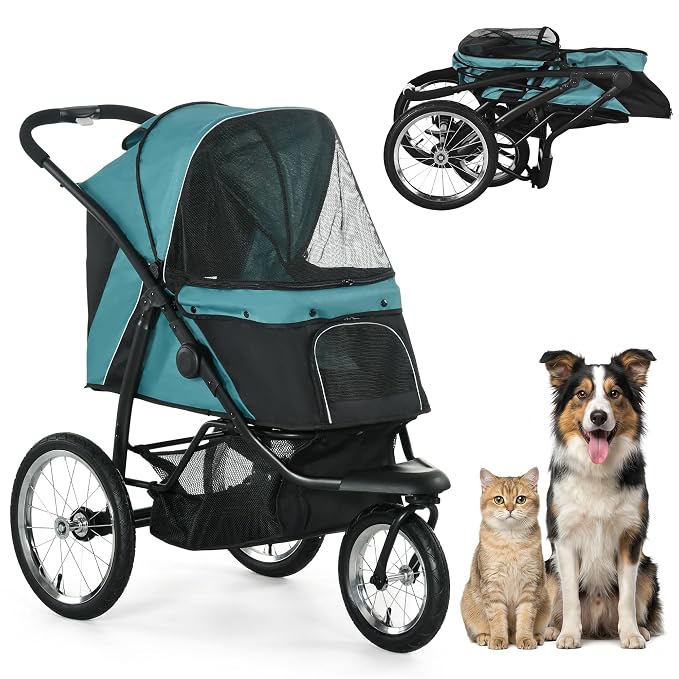 PawHut 3 Wheels Pet Stroller Foldable Jogger for Medium Dogs Dark Green | Adjustable Canopy, Safety Tether, Cushion, Storage Basket, Portable for Meidum Dogs and Cats