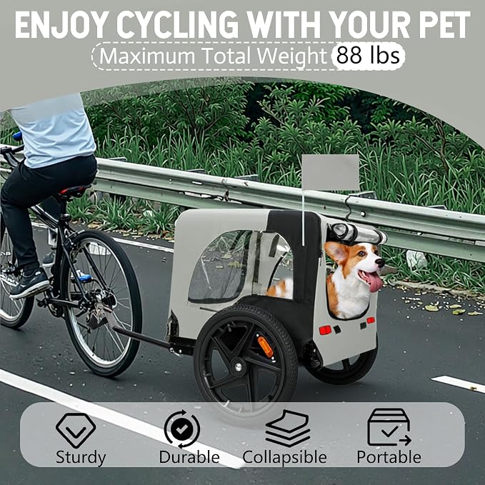 KEIKI Dog Bike Trailer with Built-in Leash, Pet Stroller Cart Bicycle Carrier, Easy Folding Cart Frame with Front Caster & 16" All-Terrain Wheels & Universal Hitch, Supports up to 66 lbs