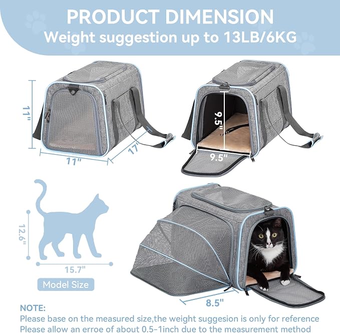 Petsfit Medium Expandable Cat Carrier for Air Travel, Up to 13 lb | 17 x 11 x 11 in; sized for Delta Airlines, with locking zippers, a handy D-ring, large pocket and multi-side ventilation.