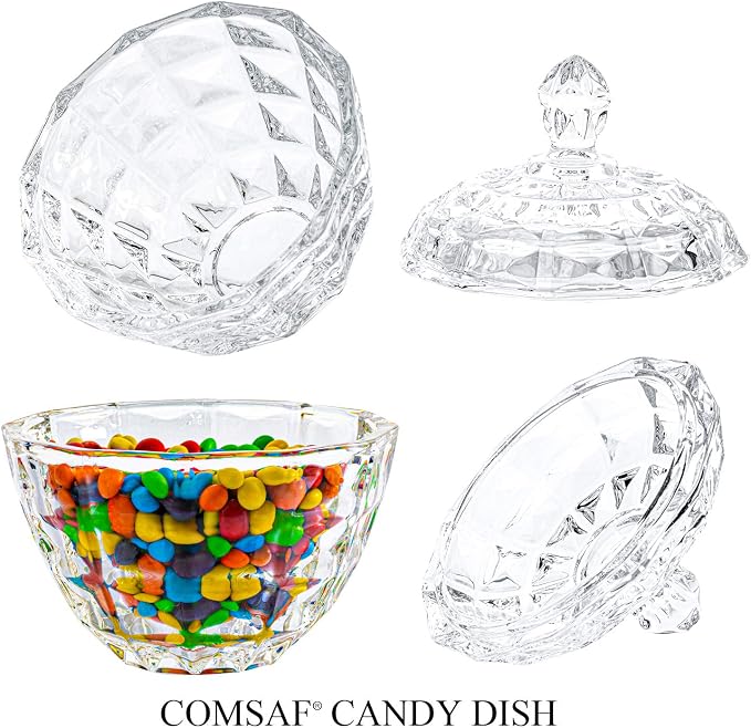 ComSaf 9oz Glass Candy Dish with Lid for Office Desk Small Jar Crystal | Covered Candy Storage, Coffee Table Office Desk Bathroom Vanity Decor, Countertop Display, Small Size, Wedding Favors