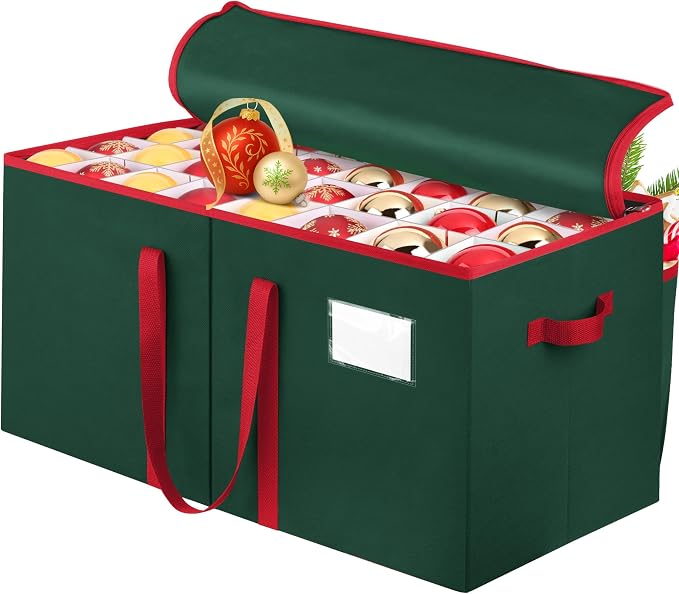 SeasonBliss Christmas Ornament Storage Box, Large Holds 128 Balls, Green | Christmas Decoration Organizer, Sturdy Storage Bin, Adjustable Dividers, Holiday Ornaments Protection, With Zippers Handles