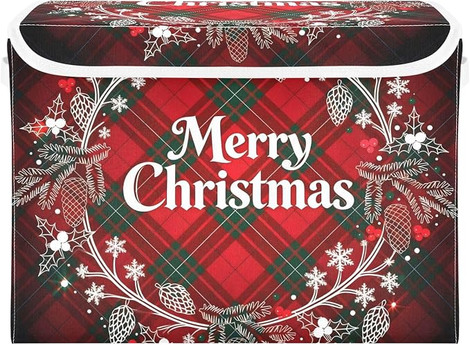 senya Christmas Storage Baskets Christmas Monogram Wreath Tartan Plaid | Collapsible Storage Bins with Lids Boxes Clothes Baskets for Organizing