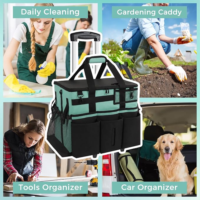 SCAVATA Rolling Cleaning Caddy Bag with Detachable Trolley & Wheels | Large Cleaning Supply Organizer, Portable Multi-Pocket Cleaning Cart for Housekeeper, Adjustable Shoulder Strap, CyanBlue