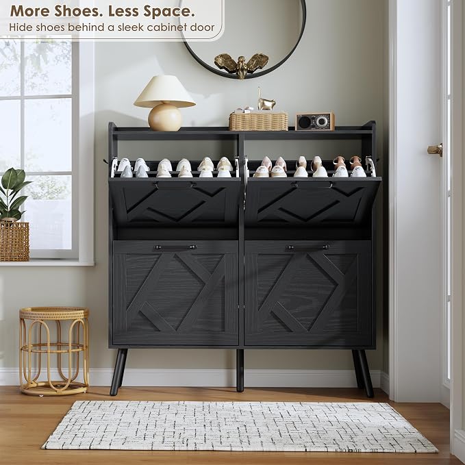Shoe Cabinet with 4 Flip Drawers, Hidden Shoe Rack Cabinet with Metal Legs, Farmhouse Narrow Shoe Storage Cabinet for Entryway, Foyer, Hallway, Black
