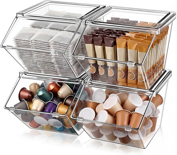 Yerliker 4 Pcs Clear Plastic Storage Bins with Lids Stackable Pantry Storage Organizer Kitchen Cabinet Organizers Ideal Containers for Coffee Pod Tea Sugar Bag Cabinet Home (Extra Large)