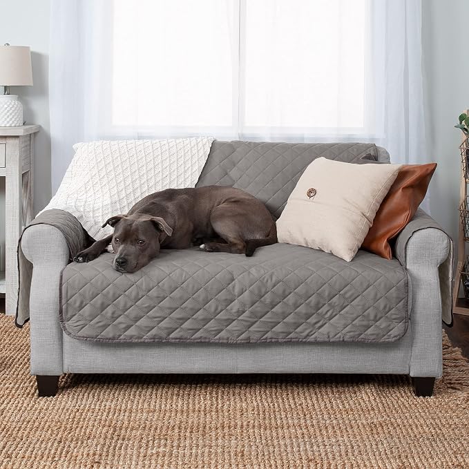 Furhaven Water-Resistant & Reversible Loveseat Cover Protector for Dogs, Cats, & Children - Two-Tone Pinsonic Quilted Living Room Furniture Cover - Gray/Mist, Loveseat