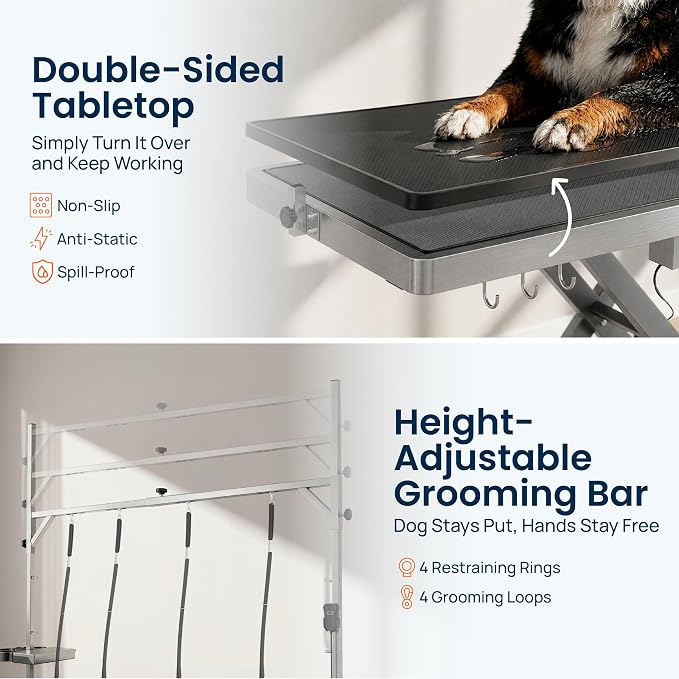 Professional Electric Dog Grooming Table - Heavy Duty | Height Adjustable Pet Grooming Table w/Leveling Wheels, Dog Grooming Arm, Anti-Slip Tabletop & Tool Organizer (Grey, 60")