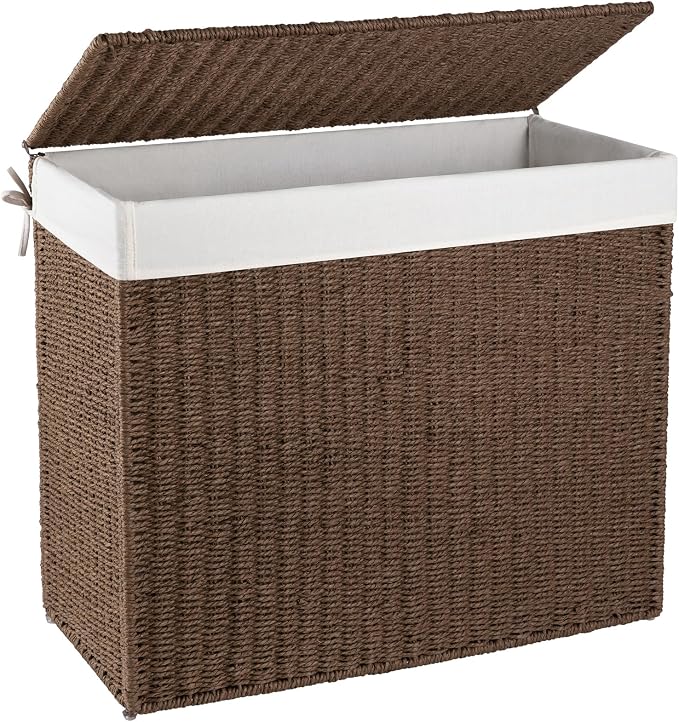 OIAHOMY Laundry Hamper with Lid, 140L(35.7 Gal) Large Wicker Laundry Basket for Bedroom, Handwoven Paper Rope Clothes Hamper with Washable Liner & Metal Frame, Decorative Organizer for Bathroom Brown