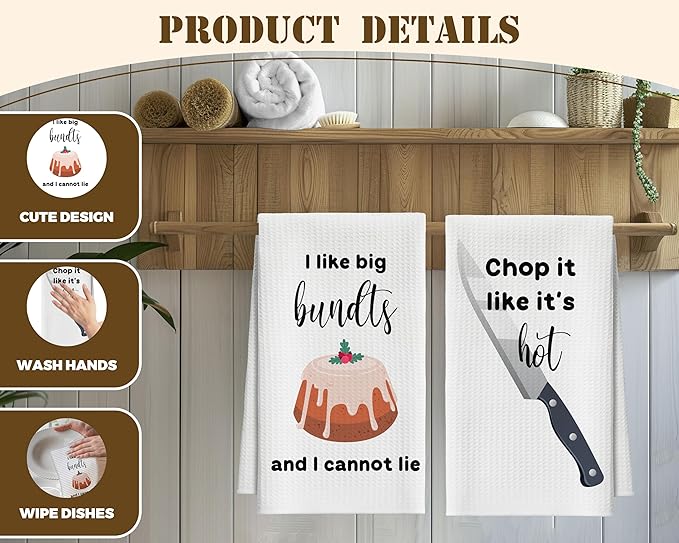 Kitchen Towels Set of 2, Bundts and Knife Dish Towel for Kitchen, Decorative Hand Towels for Bathroom, Fast Drying Tea Towel with Funny Sayings, Housewarming Xmas Gifts for Women Mom -B15