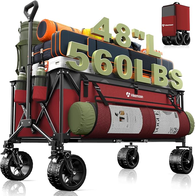 48'' Extra Large Collapsible Wagon, Big Wheels, 300L Blue & Grey | 560LBS Heavy Duty, Wagons Carts Foldable, All-Terrain, Brakes, Folding Cart, Utility for Beach/Camping/Garden/Sports/Grocery