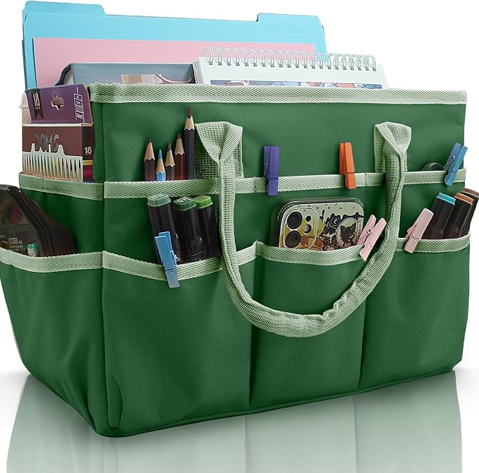 Cupohus Craft Organizer Bag, Green Art Supply Tote with Multiple Pockets | Portable Storage Tote for Scrapbooking, Journal, Sewing, Oxford Fabric Carrying Caddy for Teacher, Officer, Artist