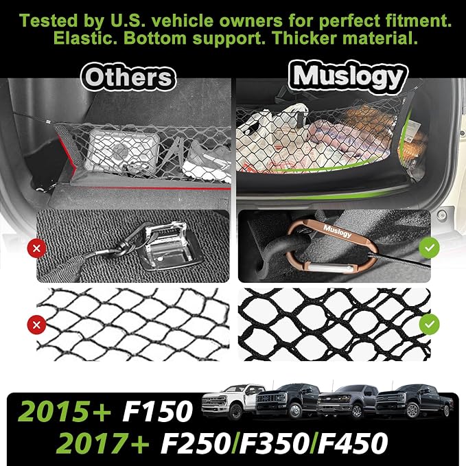 Muslogy Cargo Net for 2015+ Ford F150 & 2017+ F250/F350/F450 (Tie Down) | Custom Fit, Truck Bed Storage Organizer Net for Pickup Truck Bed Divider, Heavy Duty Carabiners, Night Visible Grab Handle