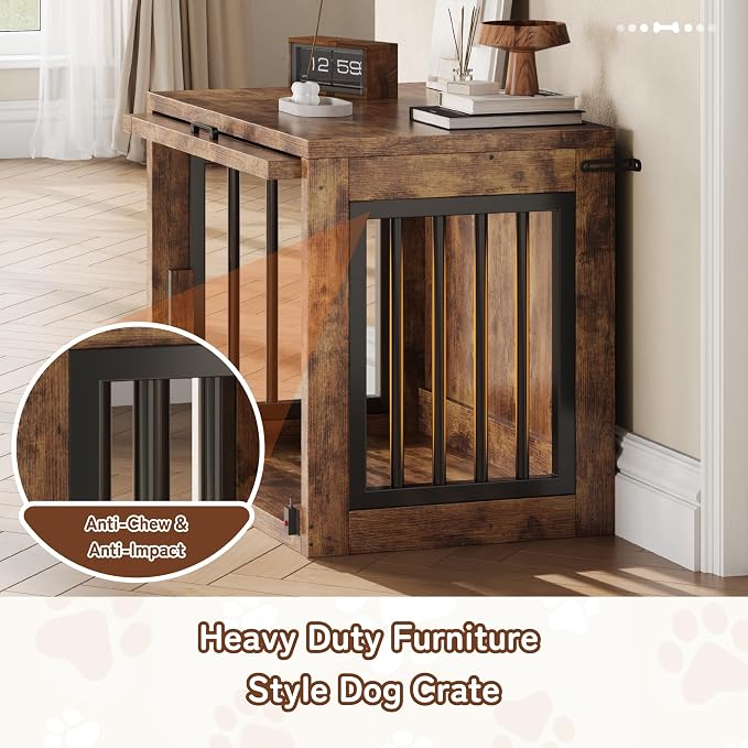 30" Small Dog Crate Furniture, Wooden Dog Kennel for Dogs up to 30 lbs, Heavy Duty Indoor Dog Cage with Hidden Sliding Door, Secure Safety Lock and Quiet Pads, Rustic Brown
