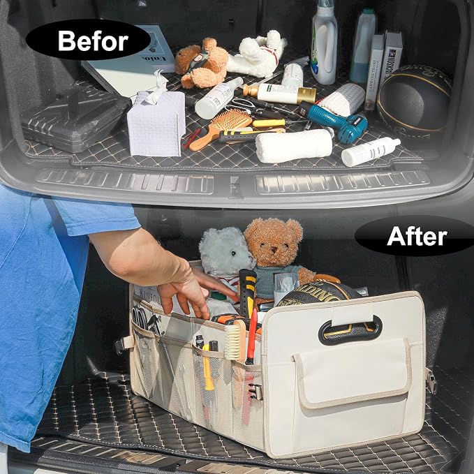 Car Trunk Organizer, Collapsible Car Organizers and Storage Large Beige | Sturdy, Strong Capacity, Clean Decor, Multi Compartment Container Box, Adjustable Car Accessories for SUV Sedan Truck