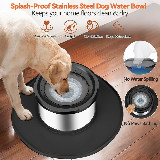 Decflow 12L No Spill Dog Water Bowl for Large Dogs, Stainless Steel Spill Proof Bowls with Suction Cup Anti-Skid Mat, Slow Feeder for Messy Drinkers, Heavy Duty Pet Bowls for Indoor/Outdoor Black