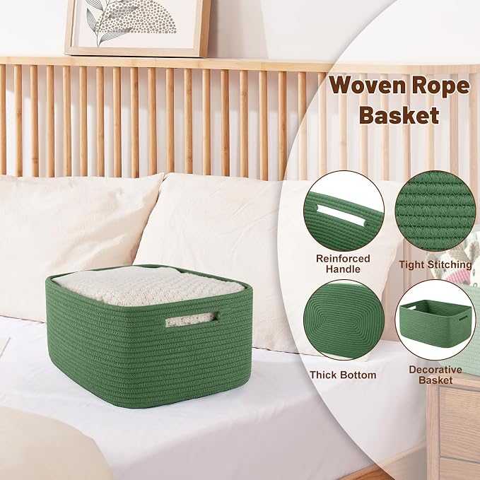 OIAHOMY Storage Basket for Shelves, Closet Cube Storage Bins Baskets for Clothes Blanket Towels, Baby Nursery, Toy Baskets Box, Woven Rope Basket, 15.75 * 11.81 * 7.09 IN, 2 Packs Olive Green