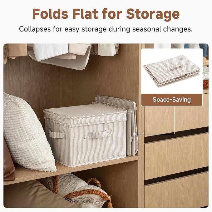 StorageWorks Fabric Storage Bins with Lids, Closet Storage Bins | Flip-Top Lid, 3 Handles, Collapsible, Stackable, for Clothes Blankets, Multi-Purpose, Medium, Khaki and Beige Stripes, 2-Pack