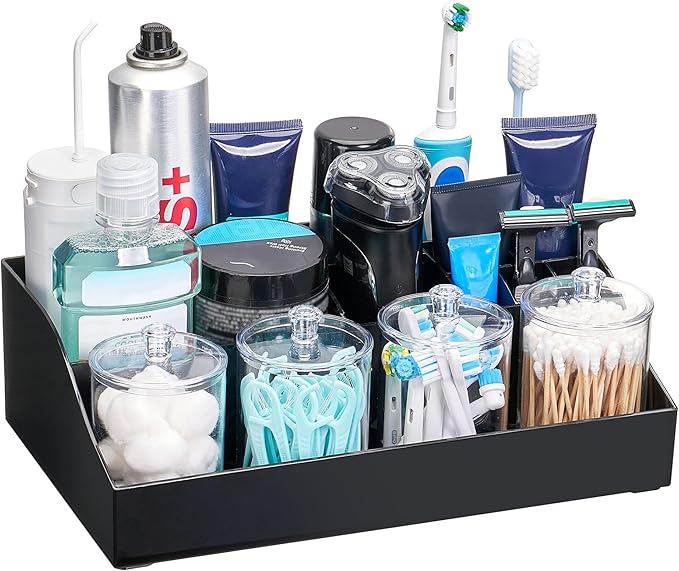 Vtopmart 5 PCS Bathroom Countertop Organizer Sets, Black | 1 Divided Tray with 4 Qtip Holder Jars, For Toothbrush, Cotton Pads Balls, Floss, For Bathroom Countertop