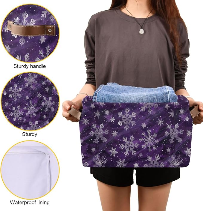 Wamika Winter Snowflake Storage Basket with Waterproof Liner and PU Handles Christmas Purple Xmas Storage Bins Boxes 14.2" Collapsible Decorative Organizer Baskets for Bedroom Closet Office 2 Pack
