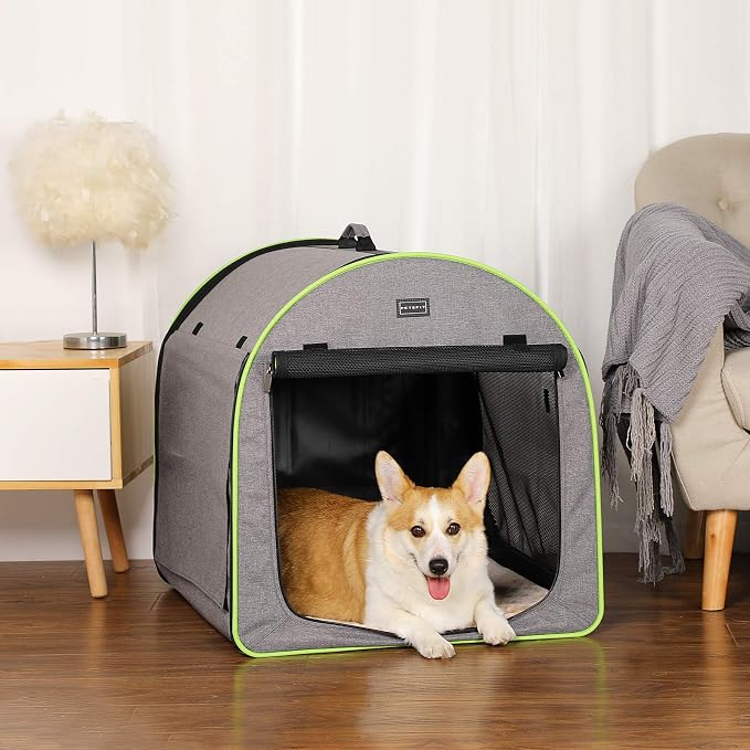 Petsfit Portable Dog Crate, Arch Design Escape Proof Collapsible Soft Sided Dog Crate Dog Kennel (Snowflake Gray with Fluorescent Green, 35.4" Lx29.1 Wx29.9 H)