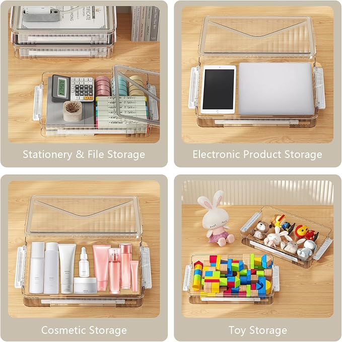 SAYEEC Clear File Storage Box Portable Project Case with Handle Plastic Storage Container with Lid Stackable Flat Storage Bin Document Magazine Protector Organizer for A4 Paper Photo Craft Scrapbook
