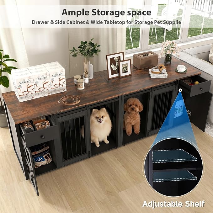 Verano Garden 88" Dog Crate Furniture, Dog Kennel Cage, Black (88") | 2-in-1, Lockable, Decorative, Sliding Door, Removable Divider, Adjustable Shelf, Farmhouse, Heavy Duty, Small Medium Dogs
