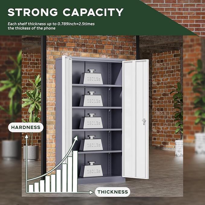 Greenvelly Metal Storage Cabinet, 72" Locking Metal Garage Storage Cabinet with Doors and 4 Adjustable Shelves, Lockable Steel Cabinet for Home Office, Garage, Shop, School (White Grey 36" W x 18" D)