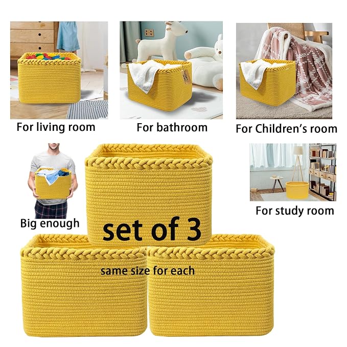 COMFY-HOMI 3PACK Cotton Rope Square Basket with Handles for Shelves| Storage|Baby Basket for GIF|Shoe Basket for Organizing|New13.5" x 11" x 9.5" for Living Room