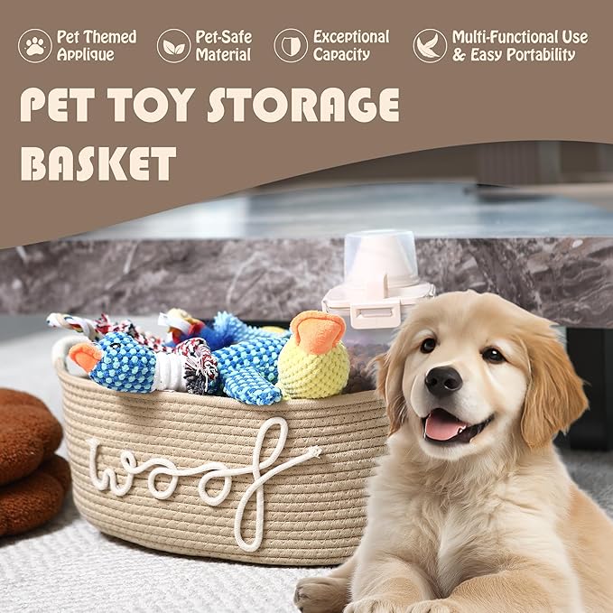Sea Team Dog Toy Storage Basket with Handles, Beige Woof | Large Cotton Rope Storage Bin, Shelf Basket, Organizer for Pet Chew Toys, Foods, 16.5 x 11 x 7 Inches, 4.4 Gallons