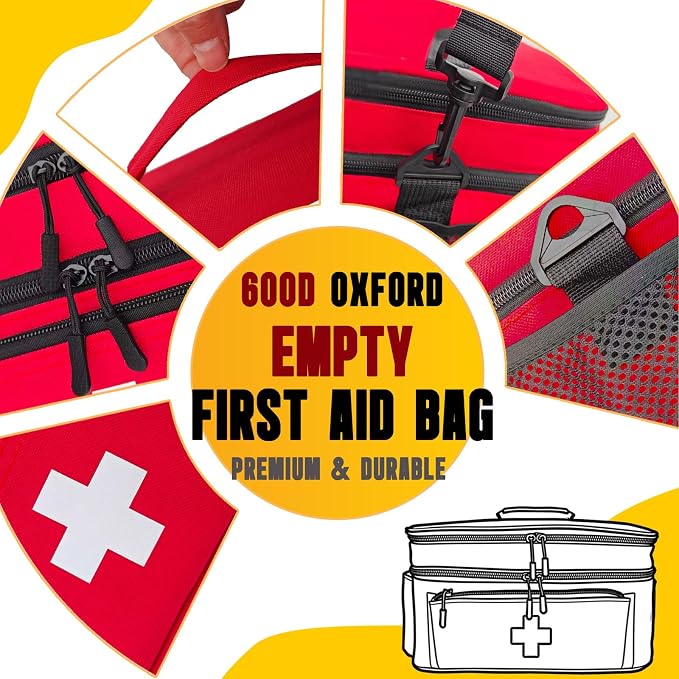 First Aid Bag Empty 2-Layer Large 16" x 9½"x7 Red | Reinforced Medical Bag Pill Bottle Box Portable Emergency Bag for Outdoor & Home, Travel Madicine Bag with Shoulder Strap