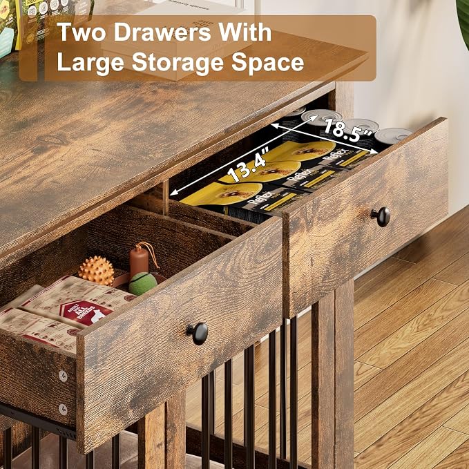 PUKAMI Large Dog Crate Furniture with 2 Drawers, 44 Inch Wooden Dog Kennel Indoor, Crate Furniture as Decorative End Table, Cage Furniture for Small Medium Large Dogs (Brown, 1-Pack Set)