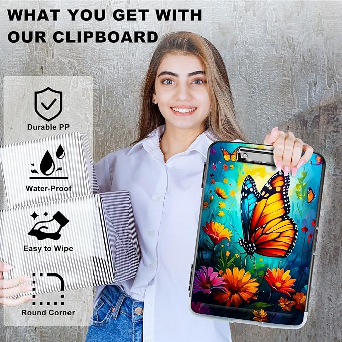 Butterfly Blue Sky A4 Clipboard with Storage Pen Holder, Clipboards Organizer Nursing Clipboard Foldable File Folder Plastic Clipboard Folio Clip Board for Office Students Classroom Doctor