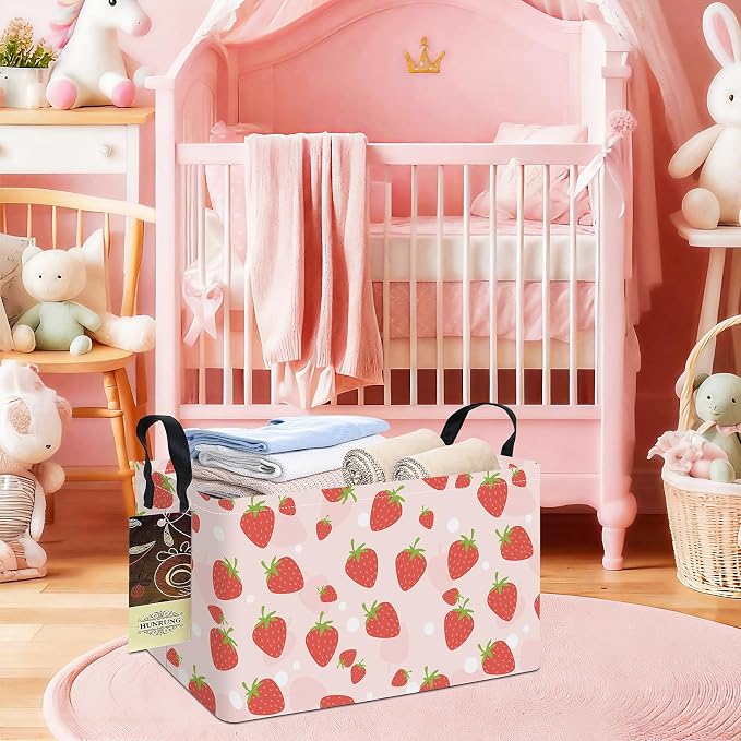 Rectangle Foldable Storage Basket Handles For Home, Pink Strawberry | Waterproof canvas material, reinforced handles, perfect for shelf use, organizes clothes, daily items and pet supplies