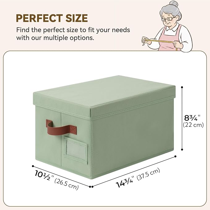 GRANNY SAYS Storage Bins with Lids, Decorative Storage Boxes with Lids | Storage Box with Dust Cover, Handles & Lable, Collapsible, Ideal for Closet Clothes Blanket Toys, Medium, Green&Brown, 3-Pack