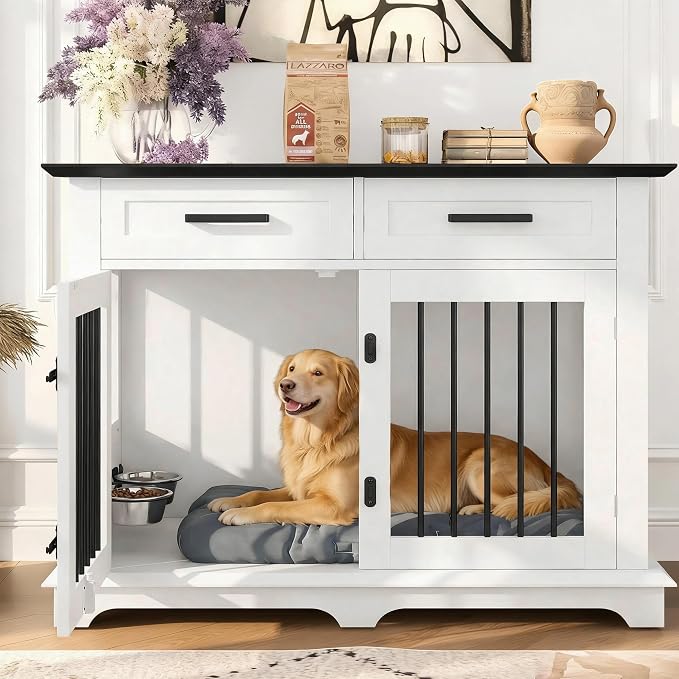 44.48" Large Dog Crate, 3-in-1 Wooden Dogs Crate End Table TV Stand Furniture with 2 Storage Drawers and Rotating Bowls, Decorative Pet House Dog Crates for Small/Medium Dogs, White+Black