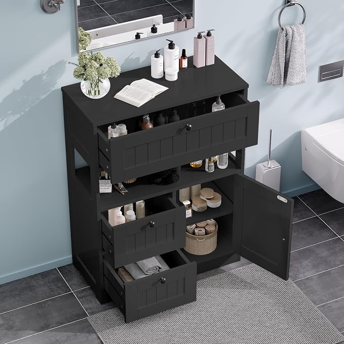 GRUSIGN Storage Cabinet, Modern Bathroom Floor Storage Cabinet Organizer with 1 Door and 3 Drawers, Freestanding Cupboard for Kitchen/Living Room Use