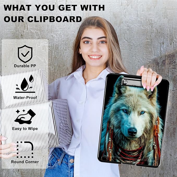 Heavy Duty Storage Clipboard, Slim Nursing Clipboard with Internal Pen Case, Portable File Organizer Case for A4 Letter Size Paper Office Medical Professionals, White Wolf Feathers