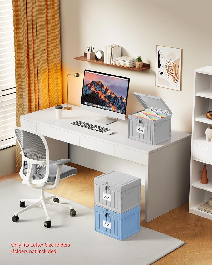 Oterri Lockable Stackable Plastic File Box with Lid for Letter-Size | Hanging File Folders Not Included. Grey, Large 1-Pack. Home, Office, Classroom, Dorm, Tax, Under Bed, Filing Cabinet.