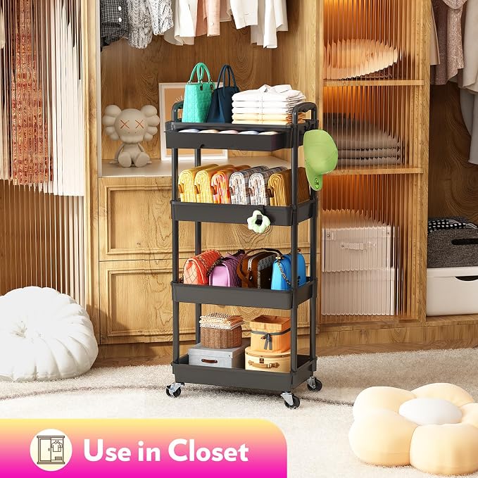 SUNALLY Makeup Cart Organizer with Drawer,4 Tier Rolling Makeup Cart, Black | Rolling Vanity Storage for Skin Care Perfume Nail Polish, Floor Skincare Organizers Cosmetics Display Bathroom Storage Cart