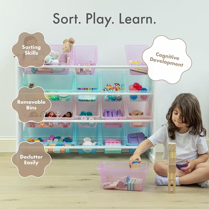 Humble Crew Kids Toy Organizer with 16 Bins, 4 Tier Storage for Playroom | Sturdy wood and steel toddler shelf, removable BPA-free containers, wall anchor anti-tip safety kit for bedroom or classroom