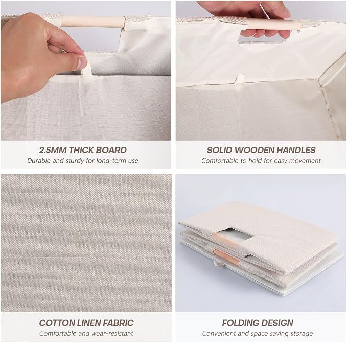 Fabric Storage Bin Box Foldable Cotton Linen Storage Basket with Wooden Handles Rectangular Cube Decorative Home Laundry Organizer Clothes Blanket Container – Beige, Medium | Medium Rectangular Cube Decorative Home Laundry Organizer Clothes Blanket Con...