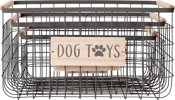 RGI Home Dog Toy Storage Baskets – Set of 3 Rectangular Metal Organizer Bins for Pet and Household Storage, Multi-Sized with Wood Accents, Durable and Rustic, Antique Gray Metal