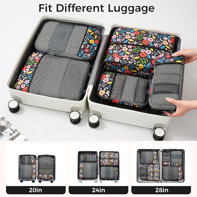 BAGAIL 4 Set/6 Set/8 Set Compression Packing Cubes Travel Accessories Expandable Packing Organizers (Half Mesh, 6-Black Floral)