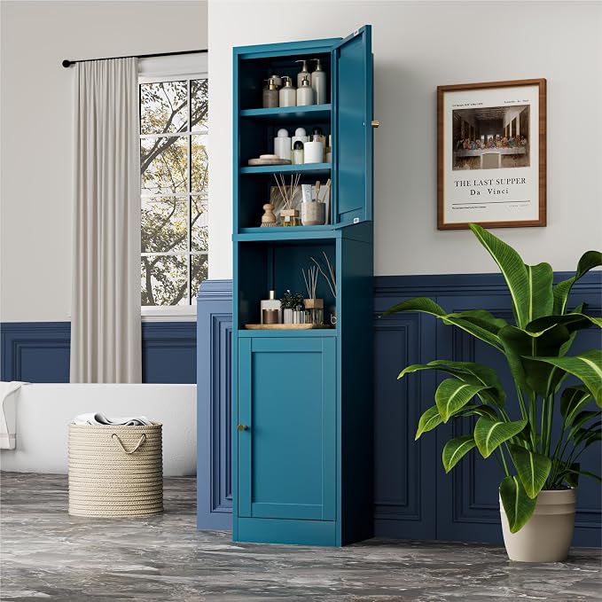 YAUWOH 2-Door Metal Storage Cabinet, Tall Slim Pantry Organizer with 3 Adjustable Shelves (120LBS/Shelf), Anti-Tipping Waterproof Cabinet for Bathroom/Kitchen/Home Office/Small Spaces,(1PC,Blue)