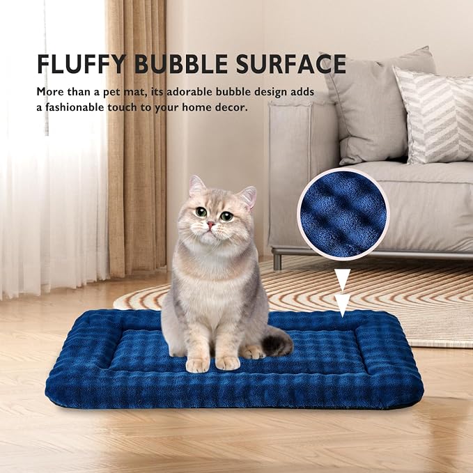 Pet Bed Mat Crate Pad for Cats Small Dogs, Navy Blue, 24"x 18" | Washable Soft Pet Sleeping Mat, Puppy Cat Kitten Cushion with 3D Bubble Pattern