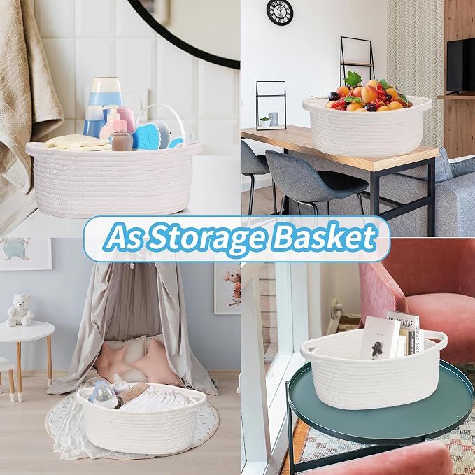 ABenkle Small Basket Empty Gift Basket, Decorative Boho Rope Woven Nursery Storage Organizer Dog Toy Baskets for Baby Showers Christmas Easter with Gift Bags and Ribbons, 12"X 8" X 5", White