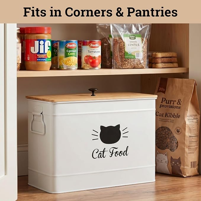 Metal Cat Food Container with Scoop, 15lb (50 Cup) w/ Airtight Bamboo Lid | 15 lb / 50 Cup Capacity, 1 Cup Metal Scoop, Durable Powder Coated Iron Body, Rubber Lined Bamboo Lid, Sturdy Metal Handles